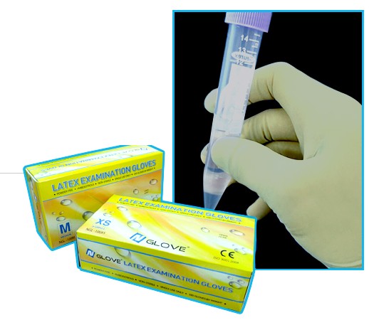 라텍스 글러브 착용 사진과 N GLOVE 제품 박스
